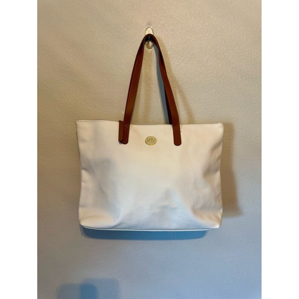 Joy Mangano White Tote with Brown Straps and bonus crossbody bag